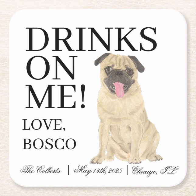 Personalized Pug Dog Wedding Square Paper Coaster (Front)