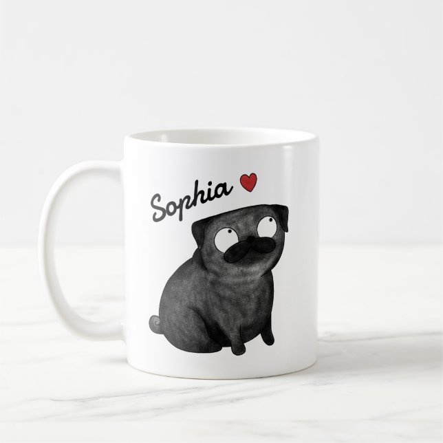 Personalized Pug Mug, Black Pug Custom Name cup (Left)