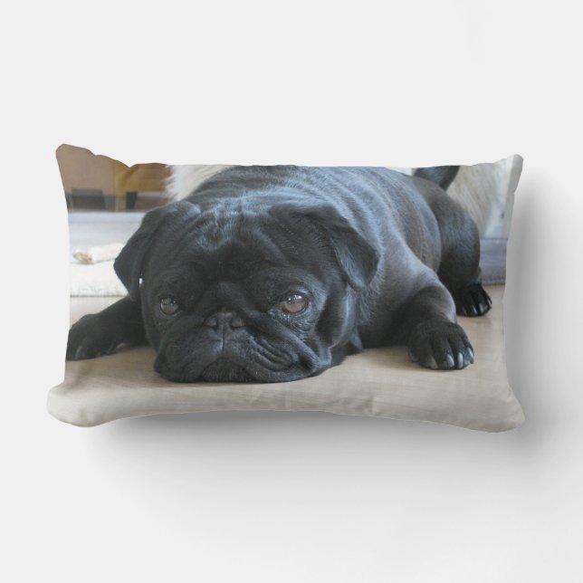 Personalized Pug Pillow, black pug puppy, cute Lumbar Pillow (Front)