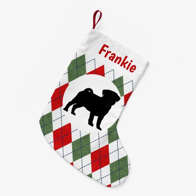 Personalized Pug Red And Green Argyle Pattern Small Christmas Stocking (Front (Hanging))