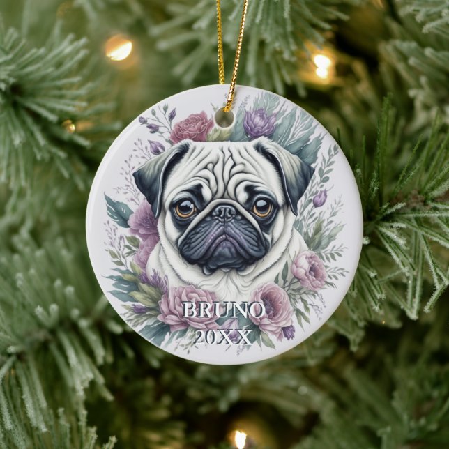 Personalized Pug Watercolor Floral Christmas Ceramic Ornament (Tree)