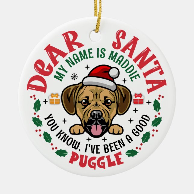 Personalized Puggle Dog Christmas Tree Round White Ceramic Ornament (Front)