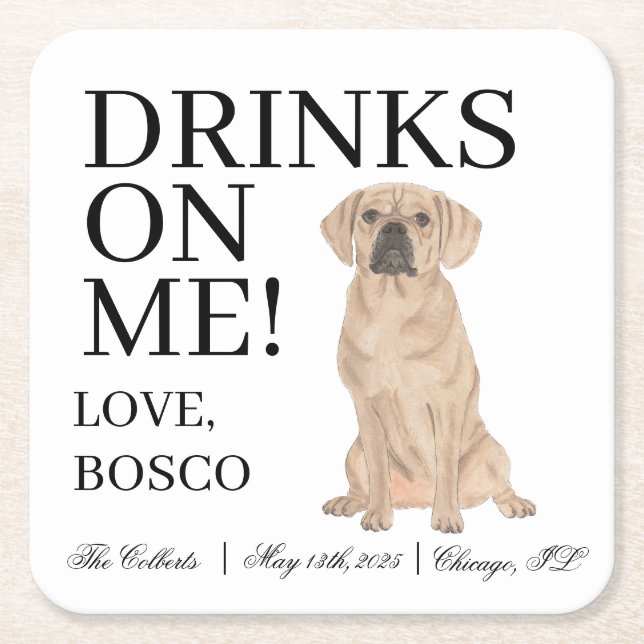 Personalized Puggle Dog Wedding Square Paper Coaster (Front)