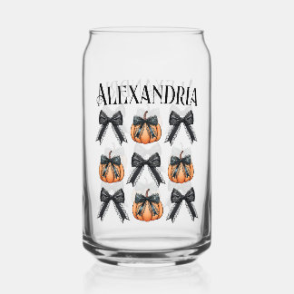 Personalized Pumpkin Bow Halloween Party Favour Can Glass