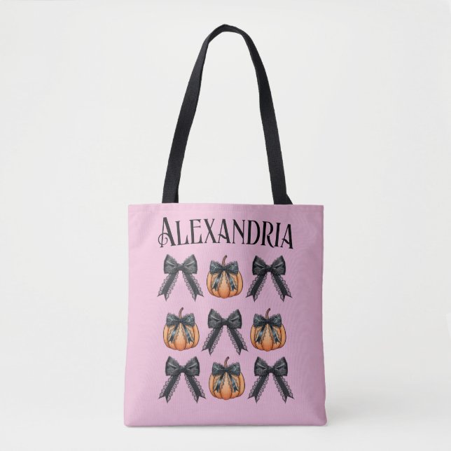 Personalized Pumpkin Bow Pink Halloween Tote Bag (Front)