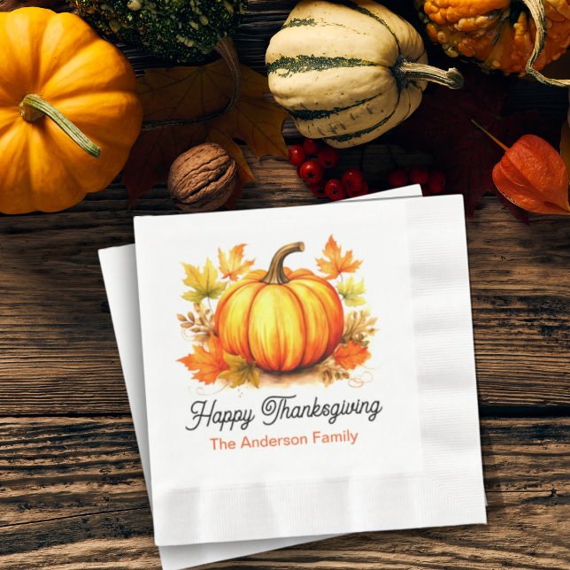 Personalized Pumpkin & Fall Leaves Thanksgiving Napkin (Creator Uploaded)
