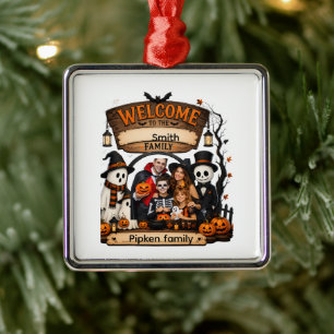 Personalized Pumpkin Family Halloween Welcome Sign Metal Ornament