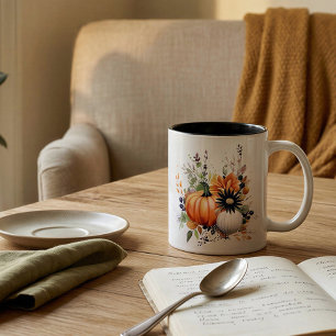 Personalized Pumpkin Floral Fall Harvest Bouquet Two-Tone Coffee Mug