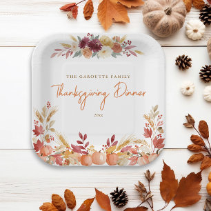 Personalized Pumpkin Floral Thanksgiving Dinner Paper Plate