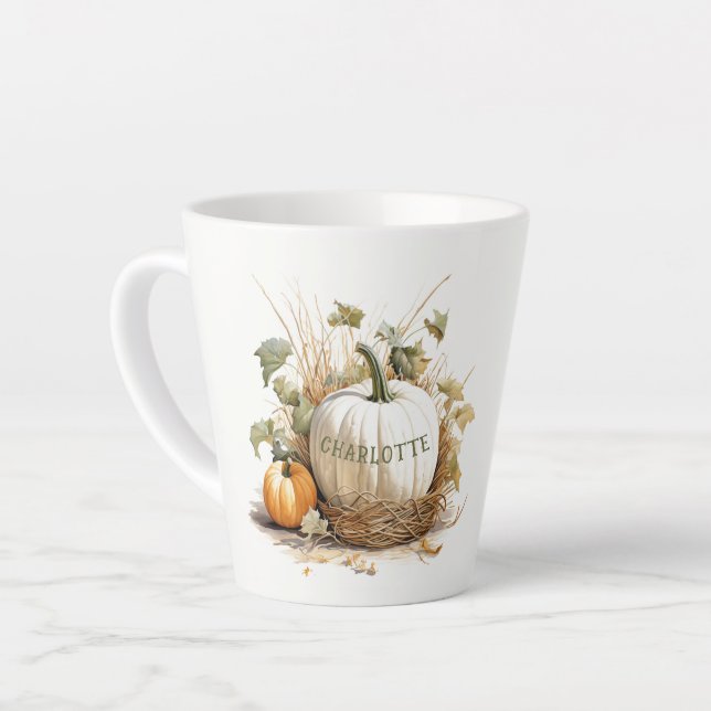 Personalized Pumpkin Patch White Pumpkin Autumn Latte Mug (Left Angle)