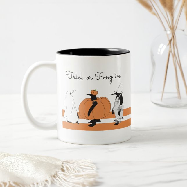 Personalized Pumpkin Penguin Funny Halloween Two-Tone Coffee Mug (Creator Uploaded)