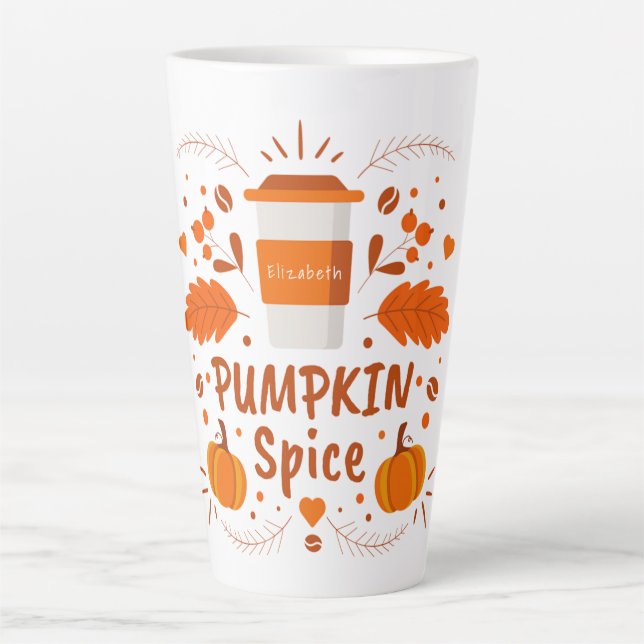 Personalized Pumpkin Spice coffee, fall leaves Latte Mug (Front)
