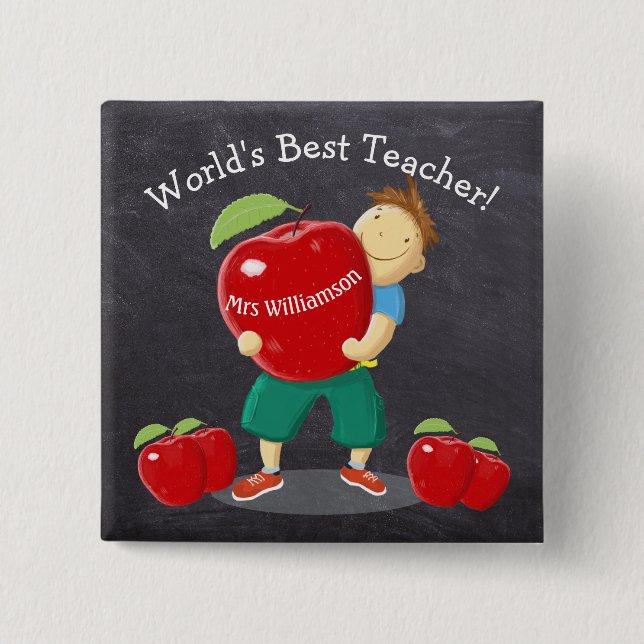Personalized Pupil With Apple World's Best Teacher 2 Inch Square Button (Front)