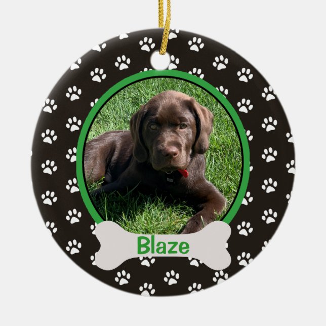 Personalized Puppy Dog Paw Print Bone Photo Pet Ceramic Ornament (Front)