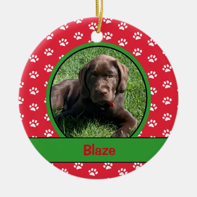 Personalized Puppy Dog Paw Print Photo Pet Ceramic Ornament (Front)