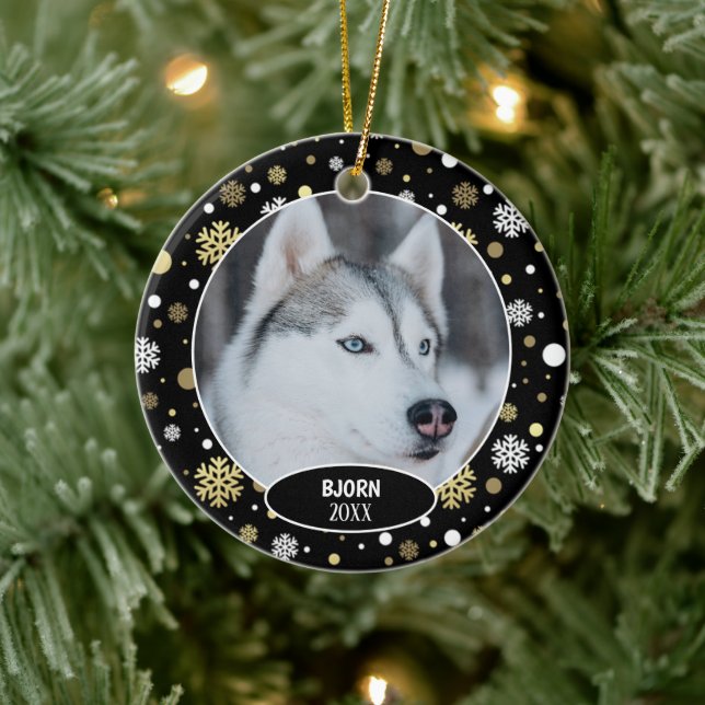 Personalized Puppy Photo On White Snowflakes Ceramic Ornament (Tree)