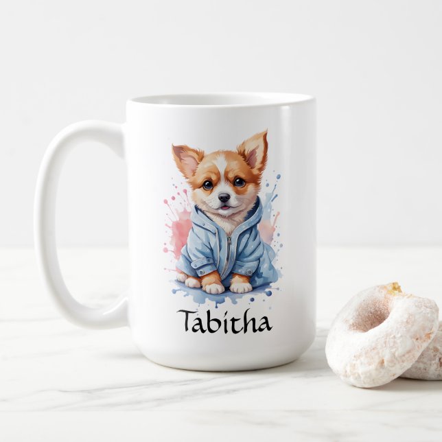 Personalized Puppy Watercolor Illustration  Coffee Mug (With Donut)