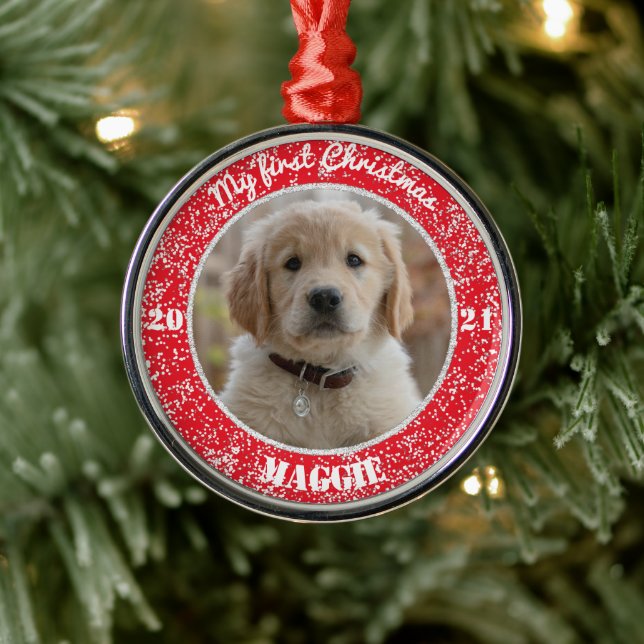 Personalized Puppy's First Christmas Photo Metal O Metal Ornament (Tree)