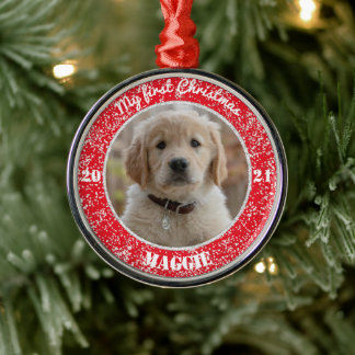 Personalized Puppy's First Christmas Photo Metal O Ornament