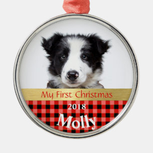 Personalized Puppy's First Christmas Photo Metal Ornament