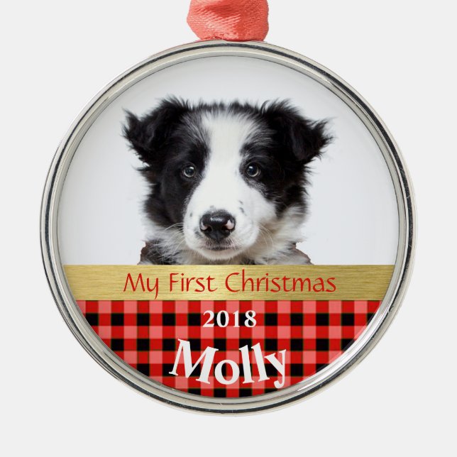 Personalized Puppy's First Christmas Photo Metal Ornament (Front)