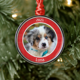 Personalized Puppy's First Christmas Photo Metal Ornament
