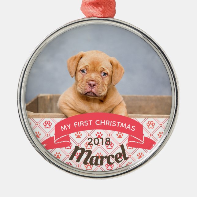 Personalized Puppy's First Christmas Photo Metal Ornament (Front)