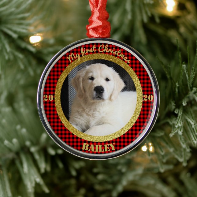 Personalized Puppy's First Christmas Photo Metal Ornament (Tree)