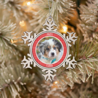Personalized Puppy's First Christmas Photo Snowflake Pewter Christmas Ornament