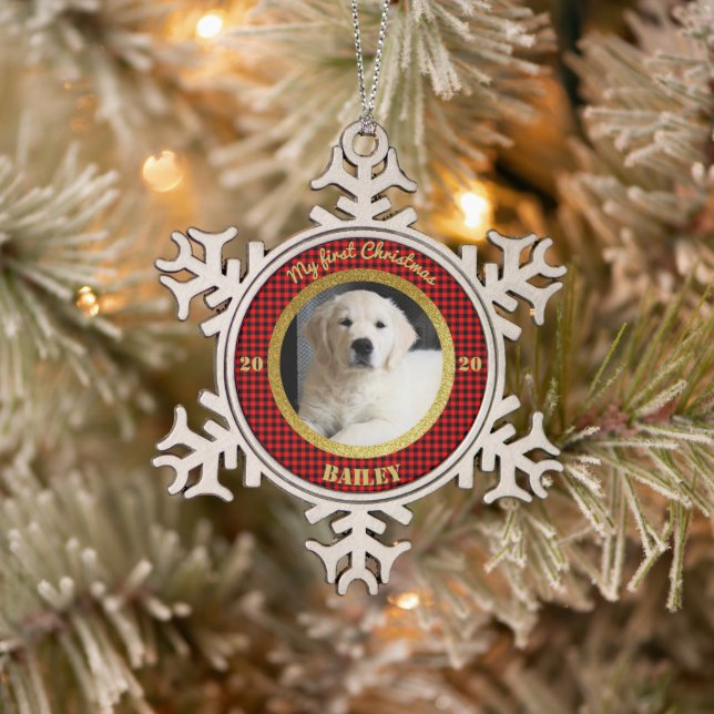 Personalized Puppy's First Christmas Photo Snowflake Pewter Christmas Ornament (Tree)