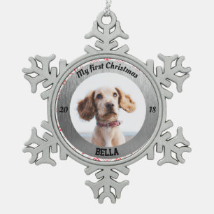 Personalized Puppy's First Christmas Photo Snowflake Pewter Christmas Ornament
