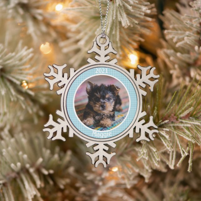 Personalized Puppy's First Christmas Photo Snowflake Pewter Christmas Ornament (Tree)