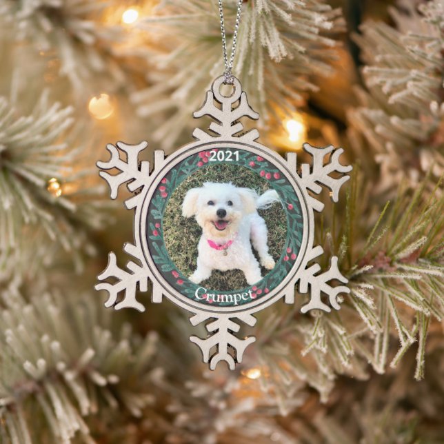 Personalized Puppy's First Christmas Photo Snowflake Pewter Christmas Ornament (Tree)