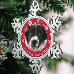 Personalized Puppy's First Christmas Snowflake Pewter Christmas Ornament