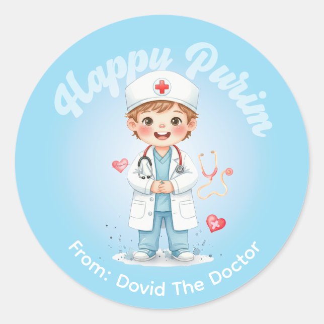 Personalized Purim Sticker – Doctor Theme (Front)