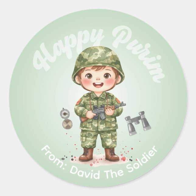 Personalized Purim Sticker – Soldier Theme (Front)