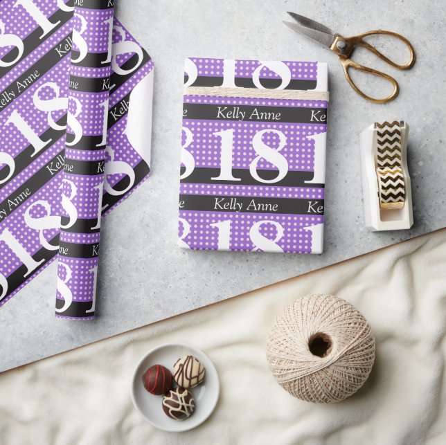 Personalized Purple 18th Birthday Pink Polka Dots Wrapping Paper (Crafts)