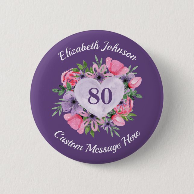 Personalized Purple 80th Birthday Button (Front)