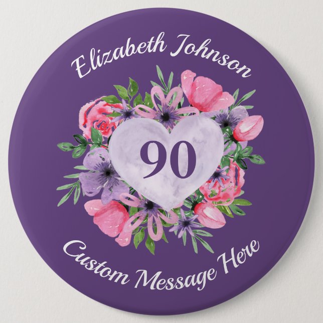 Personalized Purple 90th Birthday Button (Front)
