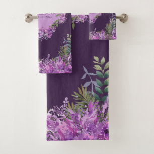 Personalized Purple and Aubergine Floral Towel Set
