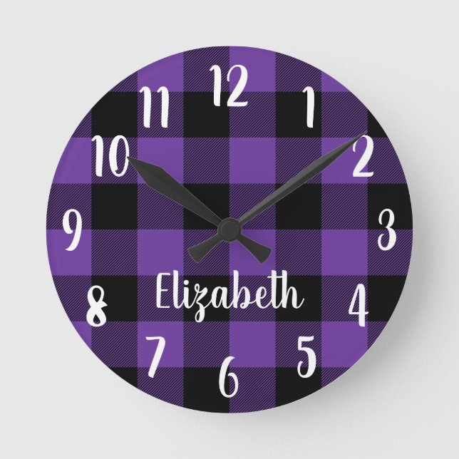 Personalized Purple and Black Buffalo Plaid Round Clock (Front)