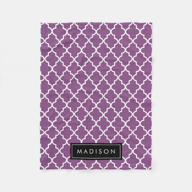 Personalized Purple and Black Quatrefoil Fleece Blanket (Front)
