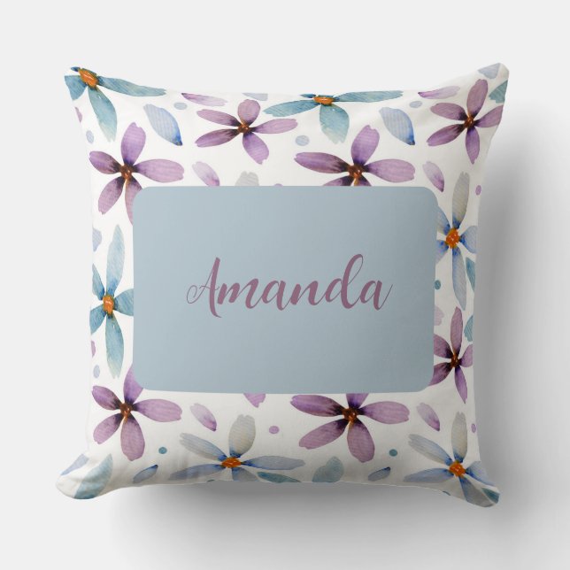 Personalized Purple and Blue Floral Throw Pillow (Front)