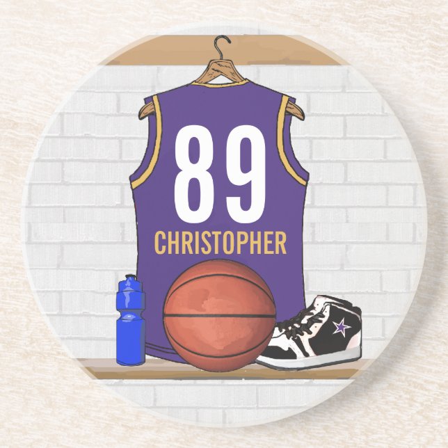Personalized Purple and Gold Basketball Jersey Coaster (Front)