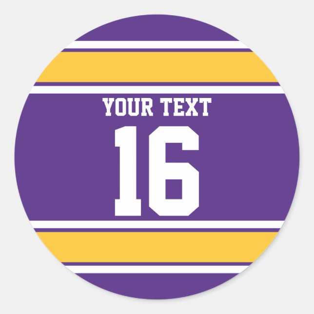 Personalized Purple and Gold Sports Stripes Classic Round Sticker (Front)