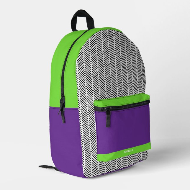 Personalized Purple and Green Printed Backpack (Back Corner Left)