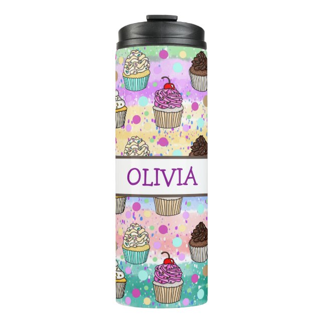 Personalized Purple and Pink Cupcakes   Thermal Tumbler (Front)
