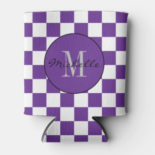 Personalized purple and white Chequerboard Pattern Can Cooler