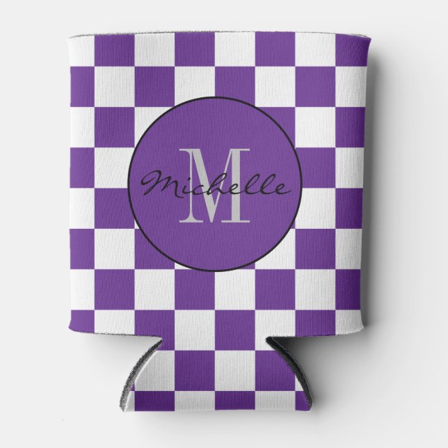 Personalized purple and white Chequerboard Pattern Can Cooler (Front)
