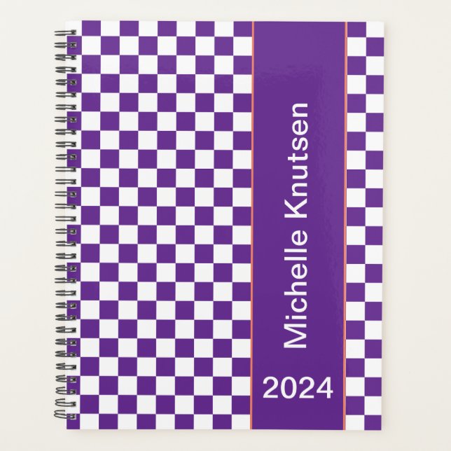 Personalized  purple and white  Chequered 2024 Planner (Front)